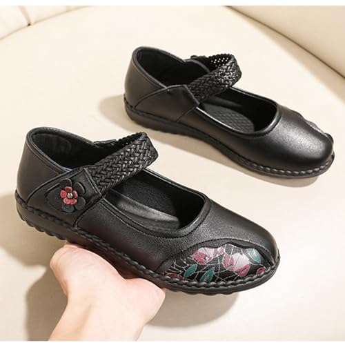 Women's Casual Leatehr Embroidery Mary Jane Flats Shoes,Comfort Round Toe Woven Hook & Loop Soft-Soled Walking Shoes,Lightweight Breathable Lug Sole Dance Shoes3