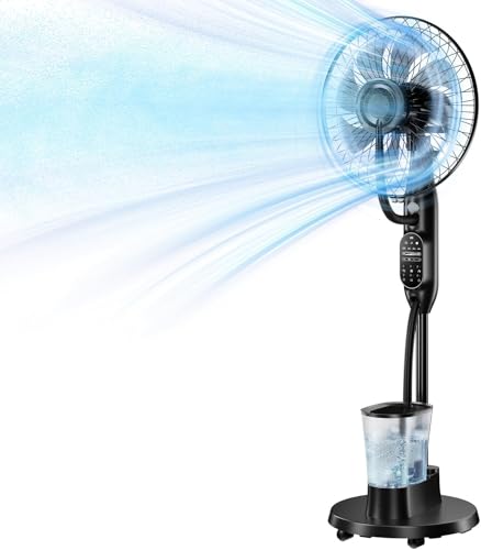 NebulaFlow Standventilator mit Wassersprüher 3-in-1-Kühlung & Befeuchtung Oszillierender Bodenventilator 9 Geschwindigkeiten 3 Modi Fernbedienung Leiser Schlafzimmerventilator 1 Stück
