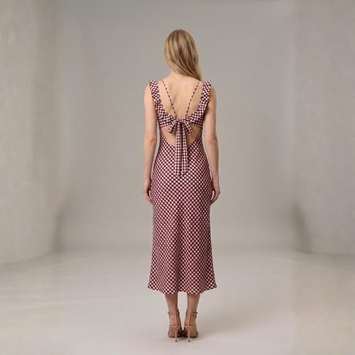 Image of Women's Merlot Gingham Midi Dress, Sleeveless Ruffle Strap, Tie-Back, Plaid Cottagecore Open Back Sundress for Brunch & Vacations