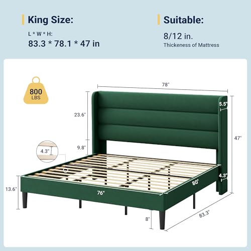 Image of Allewie King Size Platform Bed Frame with Velvet Upholstered Wingback Headboard, No Box Spring Needed, Strong Wooden Slats, Under Bed Storage Space, Modern Mattress Foundation, Easy Assembly, Green