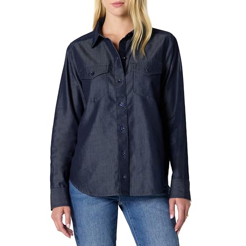 Amazon Essentials Womens Relaxed-Fit Denim Chambray Button-Down Long-Sleeve Shirt Soft Cotton Lyocell Blend Rinse Medium