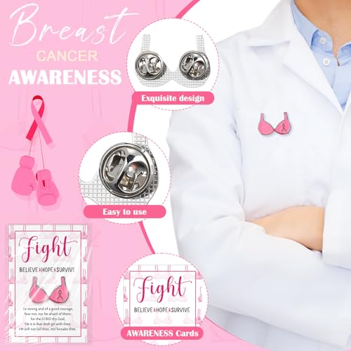 20/40/60 Pcs Breast Cancer Awareness Accessories Pink Ribbon Enamel Pin Fight Card Breast Cancer Awareness Gifts(60 Sets)3