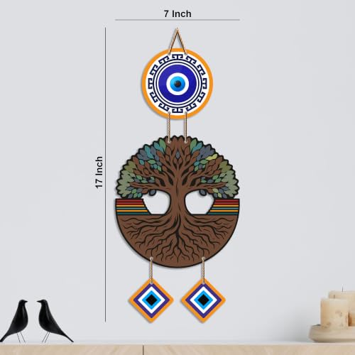 Image of Artvibes Wooden Style Tree of Life Evil Eye Wall Decor for Main Door Entrance | Nazar Suraksha Hanging for Home Office Living Room | Good Luck Decorative Gift (WH 85123N)
