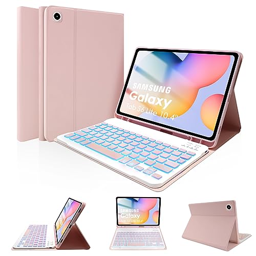 LAMA Backlit Keyboard Case for Samsung Galaxy S6 Lite 10.4" 2024/2022/2020 Case with Keyboard, Detachable Thin Case with S Pen Holder for S6 Lite 10.4" (SM-P610/P613/P615/P619/P620/P625/P627), Pink
