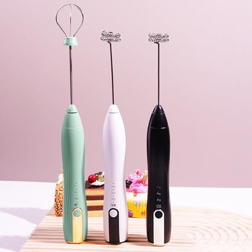 Image of Rechargeable Handheld Milk Frother Wand with Stand | Foam Maker, 2 Detachable Whisk Drink Mixer, Frother Wand with 3 Speed for Coffee, Matcha, Latte,Egg, (Green)
