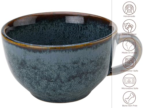 Image of Bodhi House Ceramic Soup and Coffee Wide Large Mug with Handle - Set of 2, 350 Ml Glossy Finish | Microwave Safe | for Maggi, Cappuccino, Latte, Green Tea - Reactive Blue