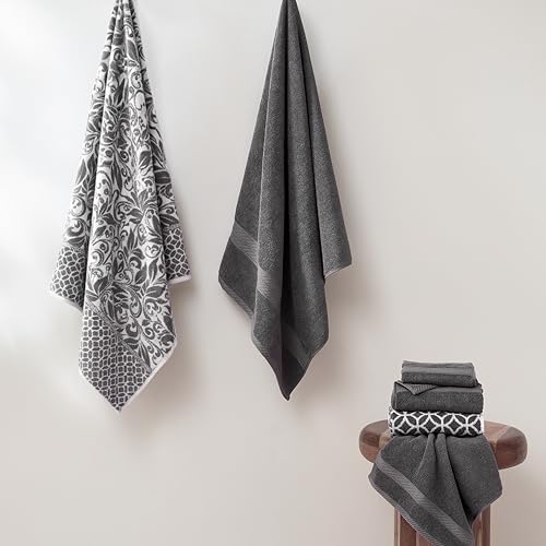 Image of Modern Threads 6 Piece Bath Towel Set - Bathroom Set with 2 Bath Towels, 2 Hand Towels, and 2 Wash Cloths - 100% Cotton, Super Absorbent & Extra Soft - Reversible Botanical Vine (Gray)