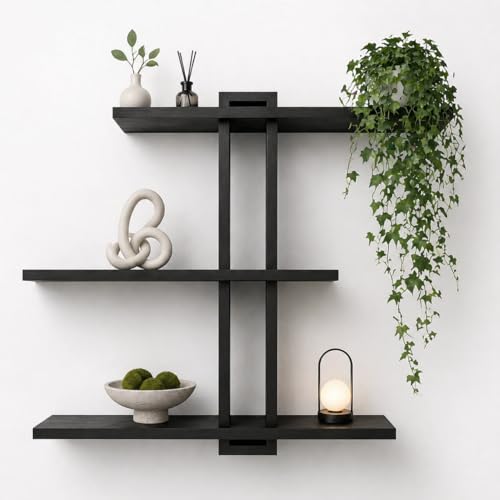 Xilwefap Black Floating Shelves for Bathroom, 3 Tier Pine Wood Wall Mounted Shelf, 20 Inch Large Wall Mounted Shelf for Towels, Toiletries, Plants, Photos, Home Decor
