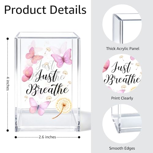 Image of Just Breathe Acrylic Cosmetic Organizer Pen Holder, Anxiety Relaxing Acrylic Desk Holder Cup for Pen Pencil, Dandelion Desk Organizer, Mental Health Office Gifts for Coworker Leader Friend