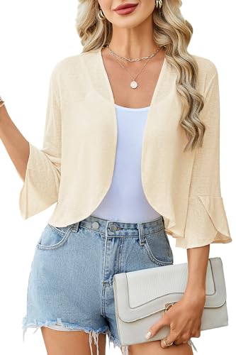 Image of Yekaty Shrugs for Women 3 /4 Sleeve Cropped Cardigan Lightweight Summer Sheer Bolero Shrug for Dresses