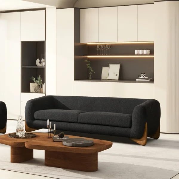 Image of Stylish Sofa Chesterfield Design with Stylish Wooden Legs Bouncy Teddy Fabric Sofa for Bedroom, Living Room, Dining Room & Hallway-(3+1+Puffy Black).