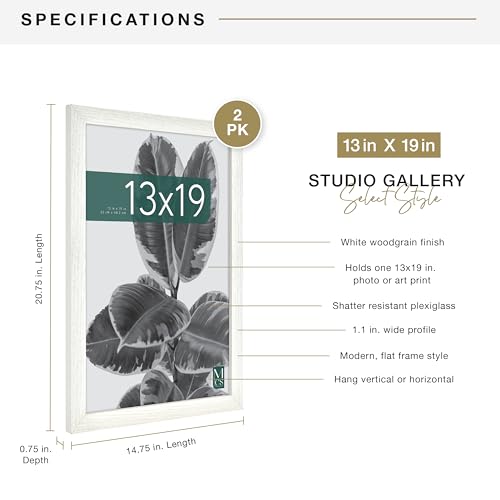 MCS Studio Gallery 13x19 Picture Frame White Woodgrain, Rectangle Photo Frame for Photos, Posters & Art Prints (2-Pack)
