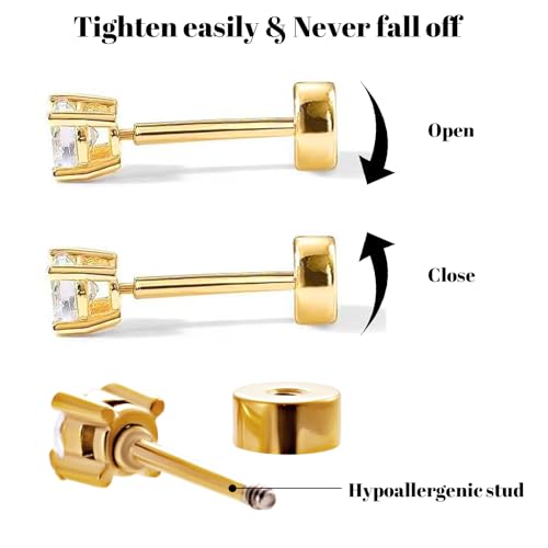 14K Gold Plated Solid 925 Sterling Silver Post Cubic Zirconia Stud Flat Back Earrings3