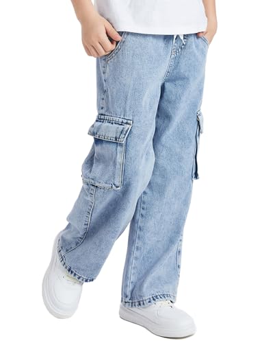 Happy Cherry Kid Boy Elastic Waist Denim Jeans Full Length Baggy Pants Wide-Leg Loose Cargo Jeans3