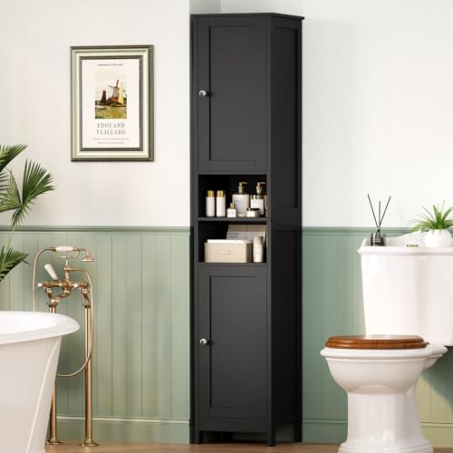 Image of TEENFON 67 inch Tall Bathroom Cabinet with Adjustable Shelves and Doors | Narrow Bathroom Storage Cabinet for Small Space, Living Room, Entryway, Kitchen, Black