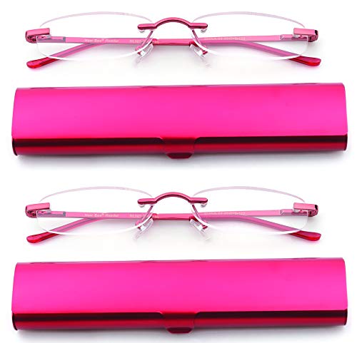 Newbee Fashion 2 Pack Compact Reading Glasses On The Go Slim Reading Glasses in Tube Reader Frameless Super Light Weight Reading Glasses Rimless in Aluminum Case Women Reading Glasses Red1.50
