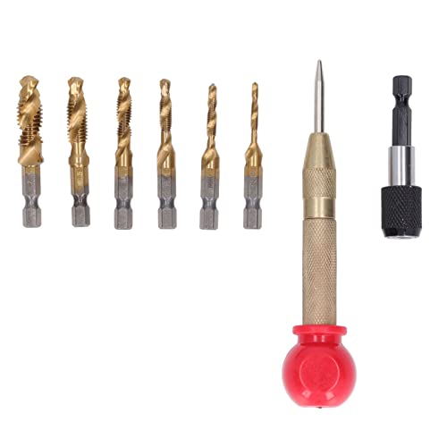 8PCS Metric Drill Tap Set, Hex Shank, HSS Material with Ti Coating, Combination Drill Tap Bit Set for Drilling Soft Metal, Aluminum, Iron, Includes Quick Release Lever and Punch