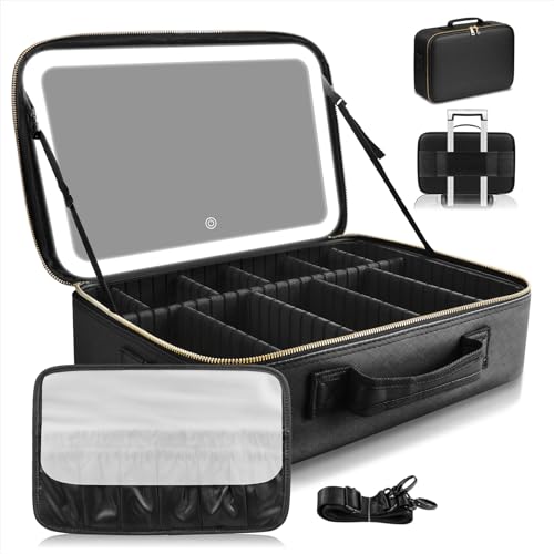 38x28CM Trousse de Maquillage Grande capacité avec Miroir LED, Trousse de Maquillage de Voyage Professionnelle, étui à Maquillage avec 3 lumières...