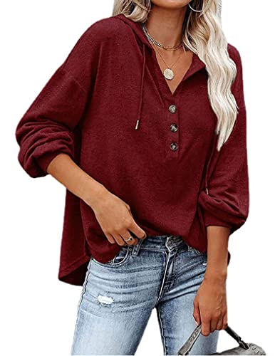 Leezepro Sweat à Capuche Femme Pull Manches Longues Chemisier Casual Sweat-Shirt avec Boutton Tunique d'hiver (S, Rouge) Cover