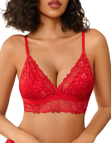 Avidlove Lace Deep V Bralettes Valentines Bra Soft Wireless Bras Minimizer Slim Adjustable Bra Red M
