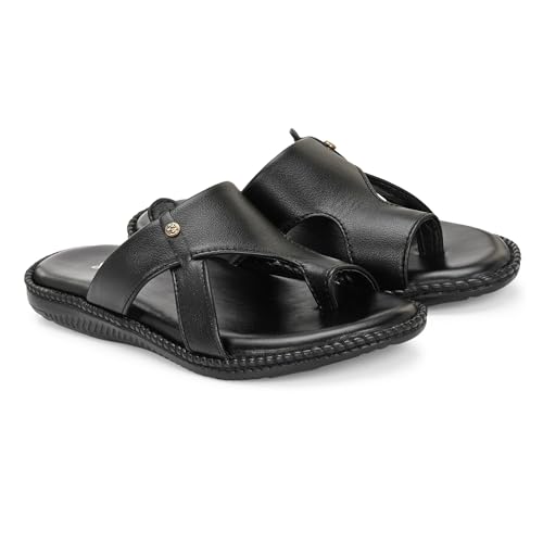 Image of Men's Leather Look Stylish Slippers with Toe Ring for Diwali, Festive & Ethnic Wear | Premium Synthetic Leather Chappals with Cushioned Footbed & Durable Anti-Slip Sole