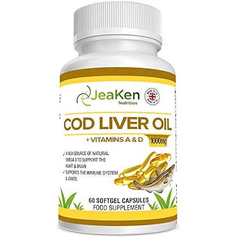 JeaKen - COD Liver Oil High Strength 1000mg Capsules - Natural Rich Source of Omega 3 Fatty Acids with Vitamins A and D - Heart Brain and Joint Care Supplement- 60 Gluten and Contaminant Free Softgels Cover