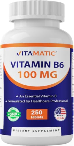 Vitamatic Vitamin B6 (Pyridoxine HCl) 100mg &ndash; 250 Vegetarian Tablets Promotes Energy Production,...