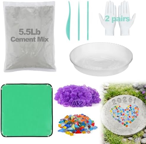 All-in-One 10in Stepping Stone Kit - Includes 5.5Lb Cement Mix, Mold, Letter & Number Stamps, Mosaics, Carving Tools, Gloves, Mat, Make Your Own Stepping Stones Outdoor for Garden Walkway Mother's Day