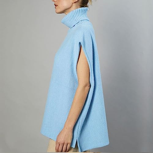 Image of Sdencin Women Turtleneck Oversized Knitted Sweater Vest Sleeveless Split Hem Solid Loose Fit Pullover Tank Top Knitwear(L,Blue)