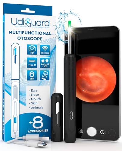 Ear Wax Removal Kit with Camera 1920p 3,6mm WiFi Otoscope - UdiGuard Digital Waterproof Ear Cleaner with 6 LED Lights 8 Ear Spoons for Adults Kids Animals - Compatible with iPhone iPad Android Black