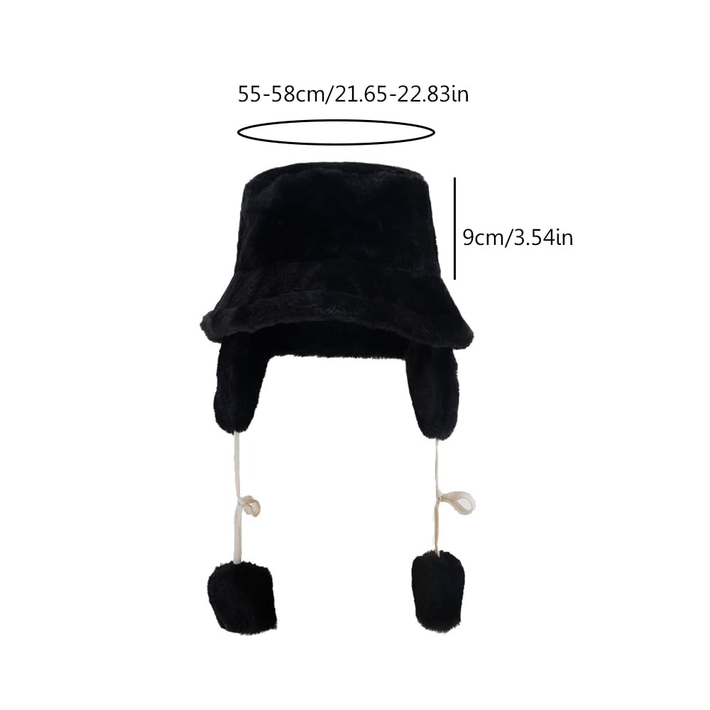 Winter Fuzzy Bucket Hat with Ear Flaps, Vintage Warm Faux Fur Furry Fisherman Cap for Women (Black)