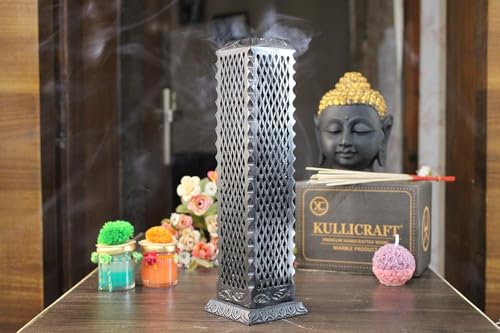 Image of Black Marble Agarbatti Stand for Pooja | Handcrafted Soapstone, Jaali Design Burner, Holds 5 Sticks, Ash Catcher, 3x3x11 Inches