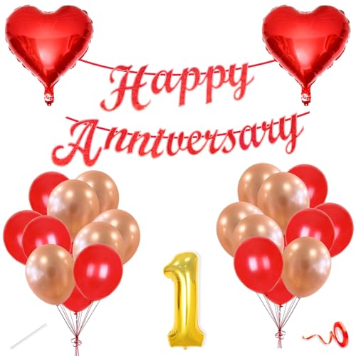 Image of Flyloons 1st Happy Anniversary Decoration Items Red Rose Gold for Men Women Husband Wife Mom Dad Parent Couple Home Bedroom Car With 20 Pcs Metallic Balloons Anniversary Banner 2 Pcs Heart Set Kit