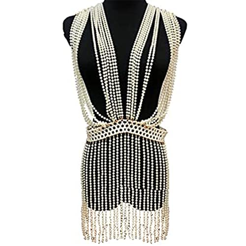 MMLLPP Layered Jewelry Schulter Körperkette Sling Perle Perlen Quaste Halskette Kragen, Schulterkette Schal Perle Schulter Handgefertigter Schal Blumenmuster Nachtclub Bankett,A Cover