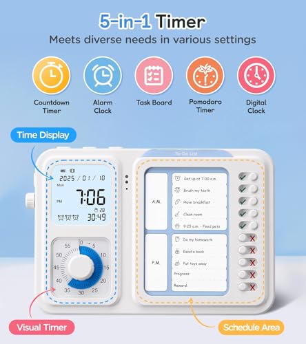 3-in-1 Visual Timer & ADHD Tool for Kids|Adults, Task Timer with Chore Chart Board, Visual Schedule for Kids with Autism, Daily Checklist for Home, School, Classroom, Desk (White) - Image 3