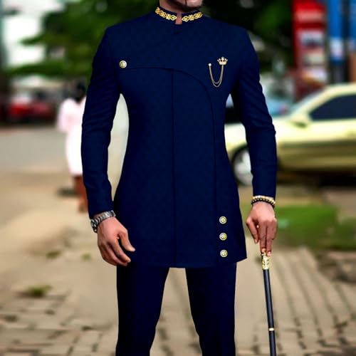 African Suits for Men Slim Fit Formal Blazer Pants 2 Piece Set Designed Wedding Dashiki Outfits Large Dark Blue by OAQAO - Used condition - Image 2