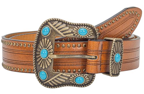 Womens Western-Cowboy-Belt Vintage-Floral-Cowgirl PU-Leather-Belt with Turquoise Buckle for 28-38''Waist