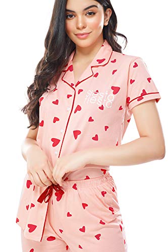 Image of ZEYO Women's Cotton Heart Printed Night Suit Set of Shirt & Pajama Set 5250 (Available in Plus Size)