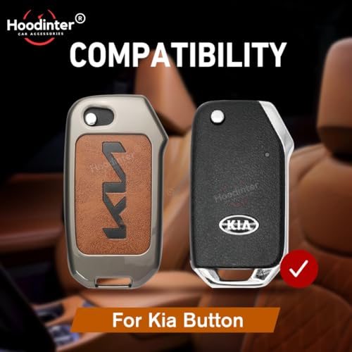 Image of Metal Leather Key Cover Compatible for Kia Seltos, Sonet, Carens Clavis, Syros (2023-2026) | 3 Button Flip Key | Premium Alloy Smart Key Case with Leather | Scratch Resistant - Brown
