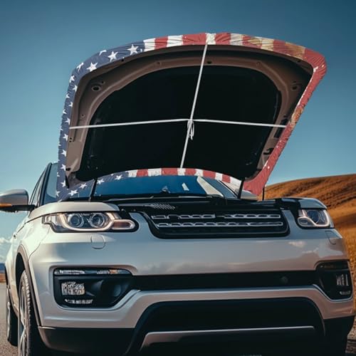 Image of Car Hood Cover, Protector Horse and American Flag Print Stretchable Auto Hood Wraps Automotive Exterior Accessories for Compact Sedan SUV Truck