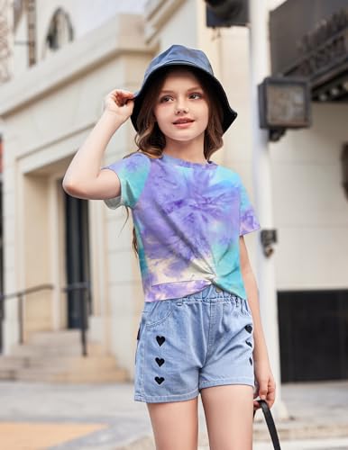 Image of Arshiner Girls Casual Tie Dye Short-Sleeve T-Shirt Cute Print Summer Blouse for Girls Twist Front Tunic Tee Tops