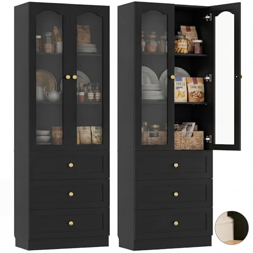Image of Cyclysio 80 inch Tall Pantry Cabinet for Kitchen Storage, Black Pantry Cabinet with Glass Doors & 3 Drawers - Freestanding Storage Bookcase with Built-in Baseboard Notch for Dining, Living Room