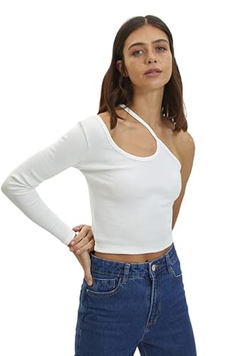 Trendyol Damen Slim Bodycon Asymmetrischer Kragen Gestrickt Bluse, Ecru, S