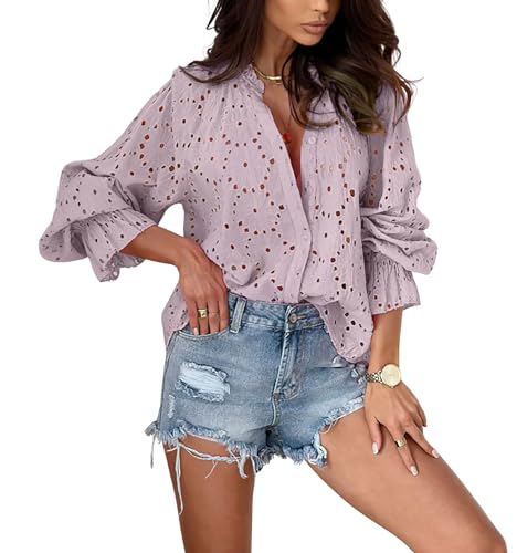 chouyatou Women's Boho Crochet Shirts Lantern Sleeve Button Down Lace Eyelet Blouse Tops