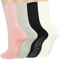 Hotbird Non-Slip Pilates Socks for Women,Yoga Socks with Grips,Crew Length,4 Pairs,Black/White/Pink/Green (Solid 4 Pairs)