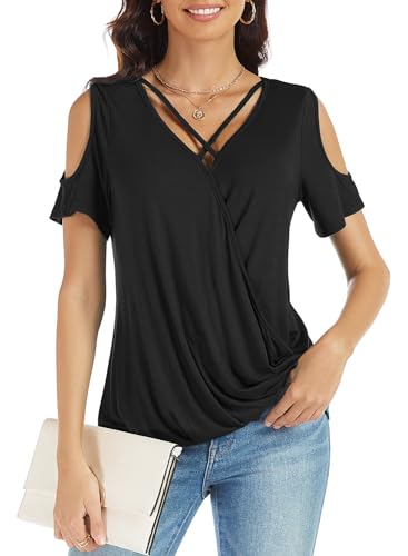 LEIYEE Womens Summer Cold Shoulder Tops Sexy Casual Short Sleeve Wrap V Neck T Shirts Cute Loose Fit Blouse4