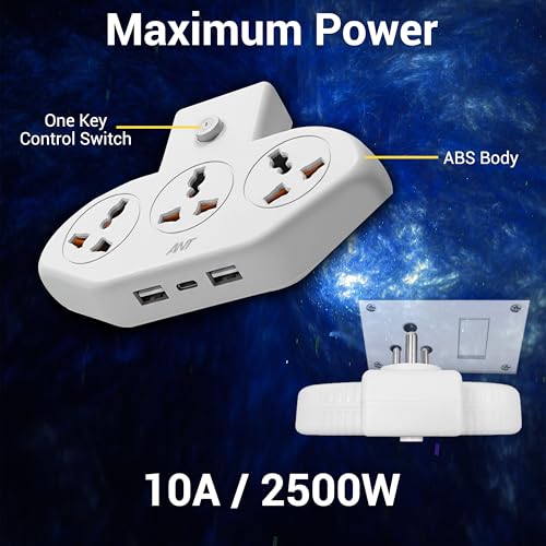 Image of Ant Stinger 321 Extension Board with Surge Protector |3 AC Sockets + 2 USB (2.1A) + 1Fast Type-C |2500W 10A Power Strip |One-Key Switch |Overload & Child Safety Protection |Multi Plug Power Strip
