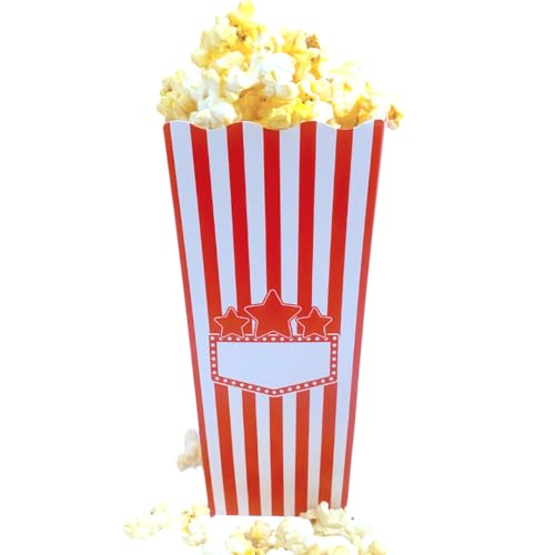 Image of 100 Pack Popcorn Box Disposable Container, 7.75 Inches tall, Cardboard Red and White Striped Popcorn Box, Parties, Movie Night, Snack (White Name Box)
