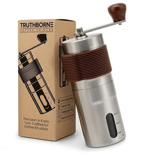 TRUTHBORNE Molinillo de Café Manual, Acero Inoxidable 304 con Muelas de Cerámica, 46 Niveles de Molienda Grueso a Fino, Portátil para Espresso, Prensa Francesa, Pour Over, Viaje y Regalo (Marrón)