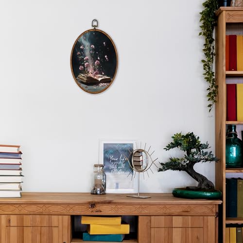 KSDUT Retro Flower Book Wall Art Decor - Botanical Neutral Mid Century Modern Wall Art Canvas Frame Hanging Prints, Vintage Dark Academia Rose Oval Artwork Decor for Home Decorations 8.6"x11.4" - Image 4